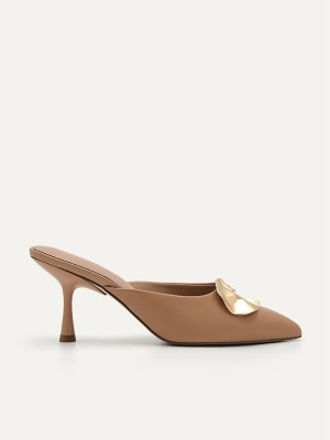 Beige Women's Pedro Iris Leather Heel Mules | GEUZPI-374