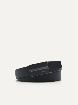 Black Men's Pedro Embossed Leather Reversible Tang Belt | JNMVKL-978