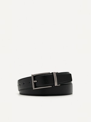 Black Men's Pedro Embossed Leather Reversible Pin Belt | NEKPHG-784