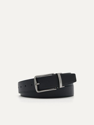 Black Men's Pedro Embossed Leather Reversible Pin Belt | YXFGEQ-721