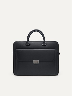 Black Men's Pedro Henry Textured Leather Briefcase | WQSHCA-147