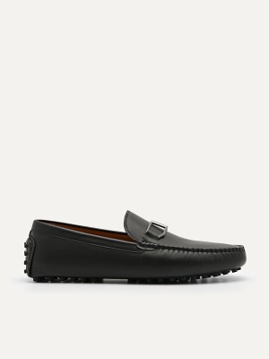 Black Men's Pedro Leather Buckle Moccasins | YIMPJB-162