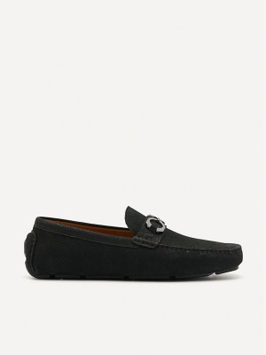 Black Men's Pedro Leather Horsebit Moccasins | KVYFHI-542