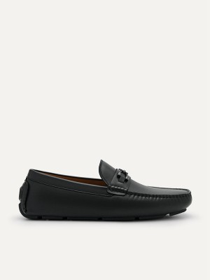 Black Men's Pedro Leather Horsebit Moccasins | EDZWXN-763