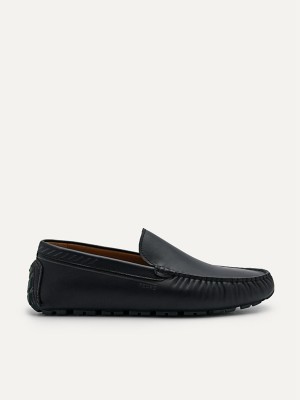 Black Men's Pedro Leather Moccasins | PGRWOC-810