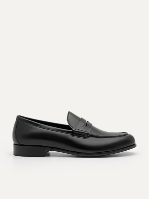 Black Men's Pedro Leather Penny Loafers | PLQVGB-042