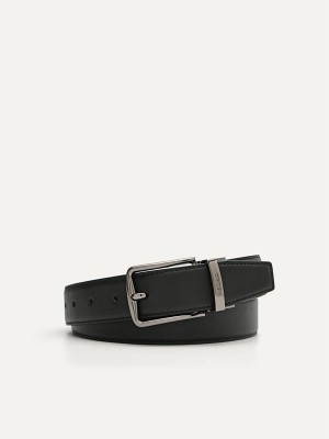 Black Men's Pedro Leather Reversible Pin Belt | AGKEZF-195