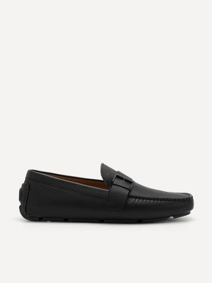 Black Men's Pedro Leather Strap Moccasins | POCAFQ-367