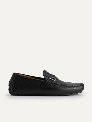 Black Men's Pedro Leather with Metal Bit Moccasins | AZYUMS-697