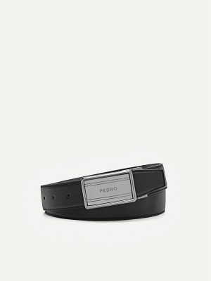 Black Men's Pedro Reversible Embossed Leather Tang Belt | VXZNEC-108