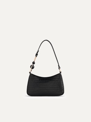 Black Women's Pedro Acrylic Embellished Croc-Effect Embossed Shoulder Bags | QTVPYX-168