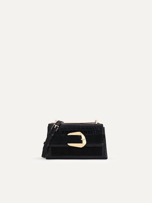 Black Women's Pedro Buckled Croc-Effect Shoulder Bags | IMUECK-690