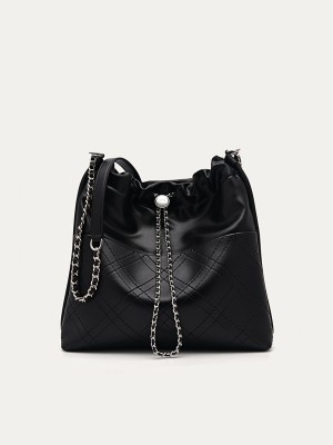 Black Women's Pedro Cala Quilted Drawstring Tote Bag | JYQOLC-592