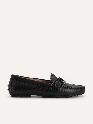 Black Women's Pedro Lizard-effect Leather Bow Moccasins | VMTXWB-724