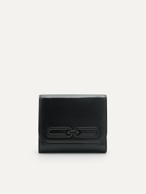 Black Women's Pedro Studio Leather Trifold Wallet | KJVEBQ-267