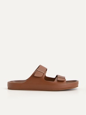 Brown Men's Pedro Double Strap Slides | OUMNYA-980