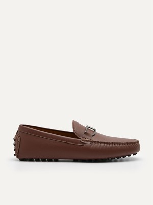 Brown Men's Pedro Leather Buckle Moccasins | FAKCIS-946