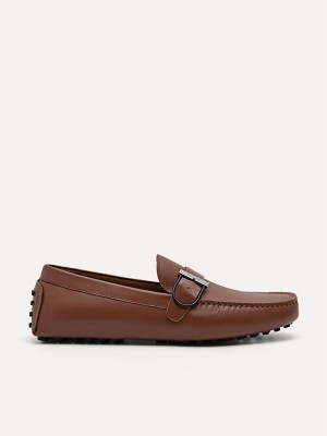 Brown Men's Pedro Leather Driving with Adjustable Strap Moccasins | XAITUR-568