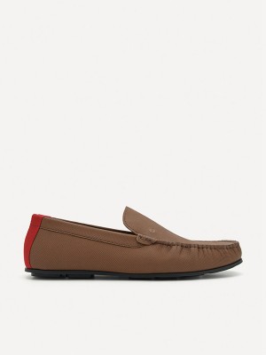 Brown Men's Pedro Leather & Fabric Slip-On Moccasins | GDJAHQ-251