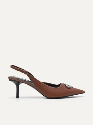 Brown Women's Pedro Icon Leather Pointed Slingback Pumps | MJBGQS-375