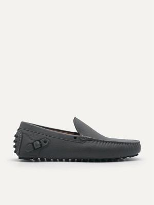 Dark Grey Men's Pedro Leather Driving with Side Buckle Moccasins | DUMJPB-095