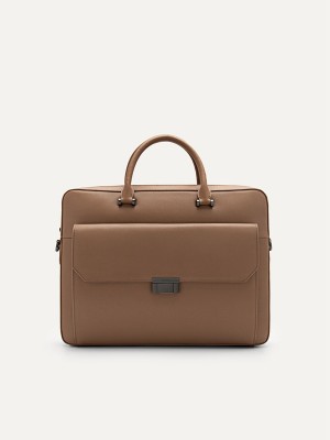 Grey Brown Men's Pedro Henry Textured Leather Briefcase | FZKMBT-146