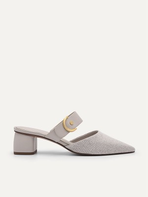 Grey Brown Women's Pedro Yasmin Linen Heel Mules | OTARIQ-012