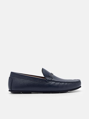 Navy Men's Pedro Anthony Leather Moccasins | FHRENU-958