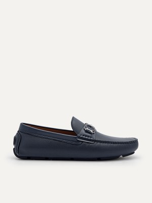 Navy Men's Pedro Antonio Leather Moccasins | UXMTHJ-870