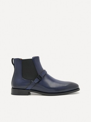 Navy Men's Pedro Brooklyn Leather Strapped Boots | XSOEJA-693