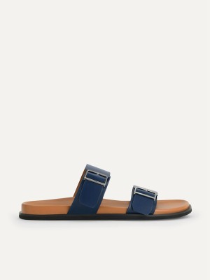 Navy Men's Pedro Double Band Slides | ILCKNF-825