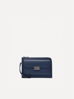 Navy Men's Pedro Henry Leather Clutch Bag | YGFMBZ-596