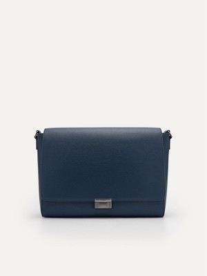 Navy Men's Pedro Henry Leather Messenger Bags | SQOUVC-457