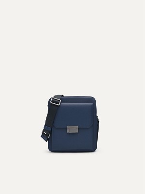 Navy Men's Pedro Henry Leather Sling Bag | NGZLKC-472