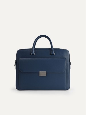 Navy Men's Pedro Henry Textured Leather Briefcase | CJXMAI-739