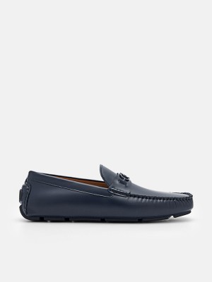 Navy Men's Pedro Icon Leather Moccasins | BFVGKM-701