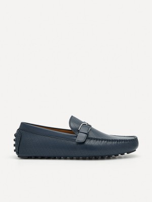 Navy Men's Pedro Leather Band Buckle Moccasins | VQWJER-478