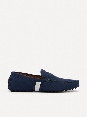 Navy Men's Pedro Leather Band Moccasins | MQKXYP-526