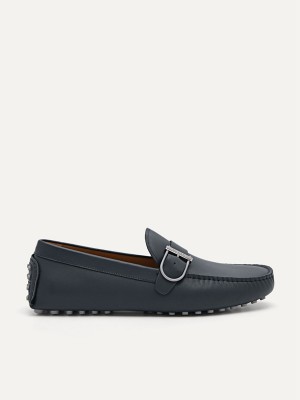 Navy Men's Pedro Leather Driving with Adjustable Strap Moccasins | DLJGKW-513