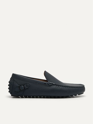 Navy Men's Pedro Leather Driving with Side Buckle Moccasins | LTOHAD-167