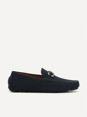 Navy Men's Pedro Leather Horsebit Moccasins | XETFDC-673