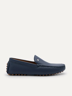 Navy Men's Pedro Leather Moccasins | VHNELA-107