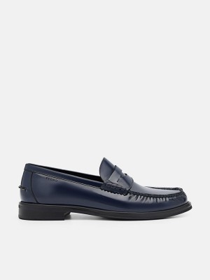 Navy Men's Pedro Leather Penny Loafers | XQZEFM-062