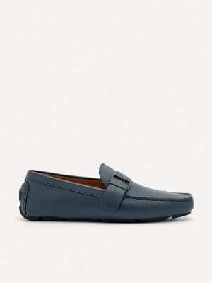 Navy Men's Pedro Leather Strap Moccasins | WHIBAF-486