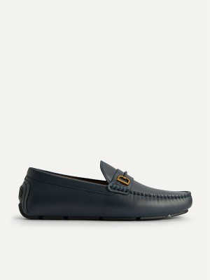 Navy Men's Pedro Leather with Metal Bit Moccasins | QBXDHZ-475