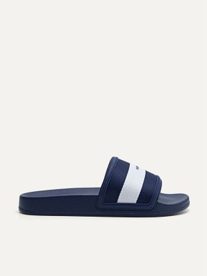 Navy Men's Pedro Nylon Fabric Banded Slides | XQHFOV-469