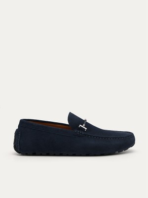 Navy Men's Pedro Robert Leather Moccasins | ZNOBCK-179