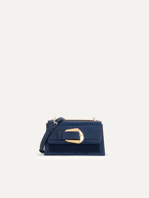 Navy Women's Pedro Buckled Croc-Effect Shoulder Bags | SPNWIR-210