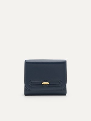 Navy Women's Pedro Studio Leather Trifold Wallet | WVCQGN-157