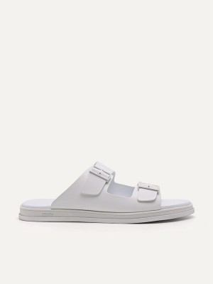 White Men's Pedro Monochrome Double Strap Slides | CRLPOV-902